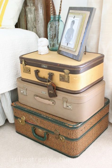 Great storage idea for a side table in the travel themed guest bedroom/office Travel Themed Bedroom, Guest Room Makeover, Guest Bedroom Office, Travel Themed Room, Travel Bedroom, Guest Bedroom/office, Diy Home Decor For Apartments, Travel Room, Storage Idea