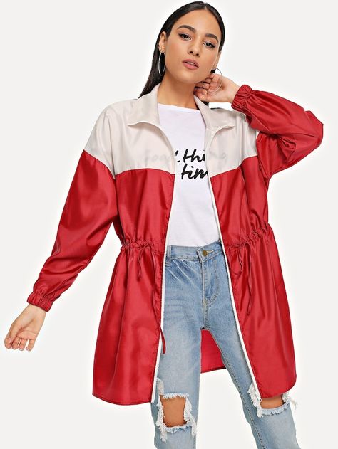 Zipper Front Color Block Collar Jacket -SHEIN(SHEINSIDE) Rain Coat Outfit, Cocktail Skirt, Satin Pattern, Raincoat Outfit, Windbreaker Jacket Women, Collar Details, Long Rain Coat, Coat Street Style, Yellow Raincoat