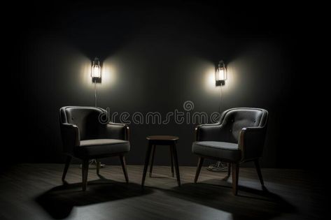 Podcast room interior with two empty chairs and spotlights. Generative AI stock images Podcast Chairs, Podcast Room, Podcast Setup, Podcast Guest, Tv Ideas, Podcast Studio, Dip Dye Hair, Home Studio Setup, Studio Chairs