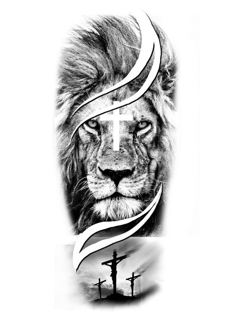 ခြေထော��က် Tattoo, Lion Warrior Tattoo, Big Cat Tattoo, Heaven Tattoos, Lion Tattoo Sleeves, Christ Tattoo, Mens Lion Tattoo, Lion Head Tattoos, Cross Tattoo For Men