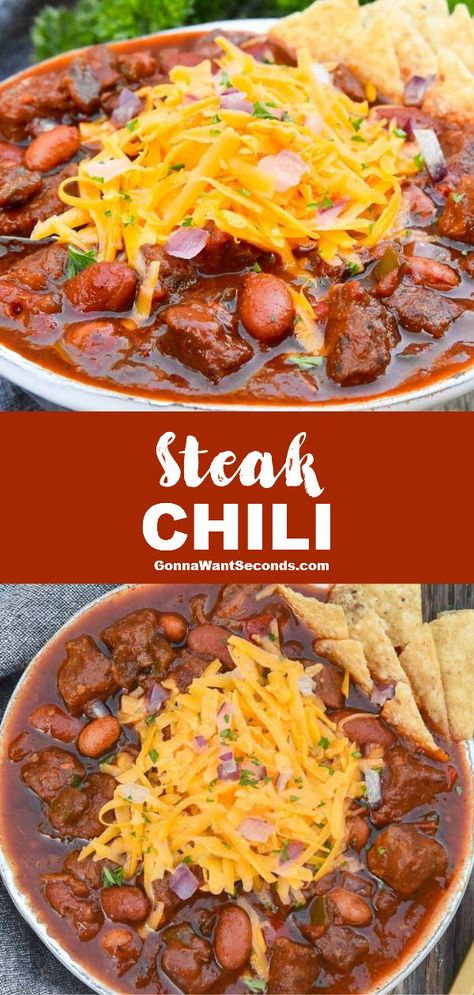 Cowboy Chili Crockpot, Filet Mignon Chili Recipe, Steak Chili Recipe, Steak Chili, Chilli Dogs, Ribs Recipes, Meat Chili, Leftover Steak, Bean Chili Recipe