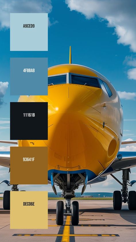 Colors: A9CED9 ° 4F8BA8 ° 11161B ° 93641F ° DEC06E Aviation Color Palette, Scifi Colour Palette, Eagle Color Palette, Neon Yellow Palette, Technology Color Palette, Color Thesaurus, Aviation Technology, Plane Design, White Wings