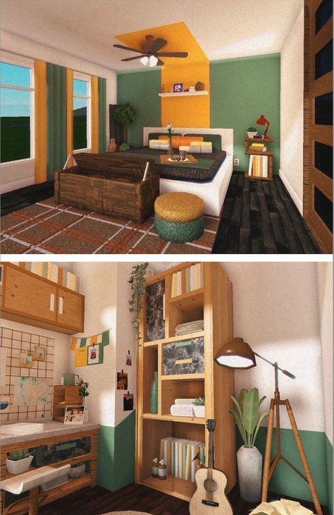 Bloxburg Retro Bedroom, Bloxburg Retro House, Bloxburg Inspiration, 70s Bedroom, Bloxburg City, 70s Room, Bloxburg Interior, Bloxburg Town, Roblox House