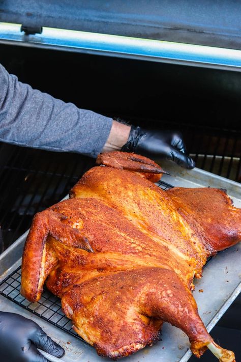 Spatchcock Turkey Smoked, Smoked Spatchcock Turkey, Turkey Spatchcock, Traeger Smoked Turkey, Spatchcock Turkey Recipe, Smoked Whole Turkey, Turkey Injection, Spatchcock Turkey, Turkey Cooking Times