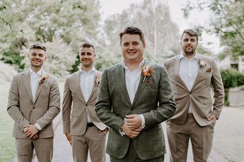 Brown Groomsmen Suits, Tan Groomsmen Suits, Orange Flower Bouquet, Fall Groomsmen, Tan Groomsmen, Rustic Groomsmen Attire, Fall Wedding Groomsmen, Brown Groomsmen, Boho Wedding Groomsmen