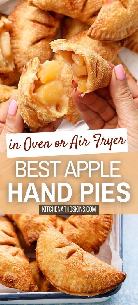 Learn how to make the best apple hand pies with homemade apple pie filling made from scratch. The mini pies are easily made in the oven or in air fryer with homemade pie crust and makes a great Thanksgiving dessert for a crowd or for fall. Get the easy apple hand pie recipe at kitchenathoskins.com. Best Apple Hand Pies, Homemade Hand Apple Pies, Sweet Apple Pie Recipe, Home Made Apple Pie Filling Easy, Apple Hand Pie Filling, Quick Apple Recipes Simple, How Many Apples For An Apple Pie, Baked Hand Apple Pies, Lucky Leaf Apple Pie Filling Recipes