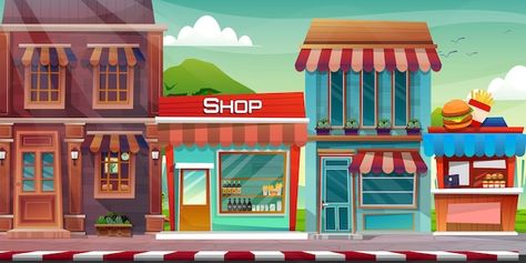 Scene of beautiful cityscape with hight ... | Free Vector #Freepik #freevector #cartoon-street #house-outside #town-house #house-facade Cartoon Town, Cartoon Building, Building Images, City Cartoon, Frame House, Free Cartoons, Background Images Hd, House Building, Cartoon Background