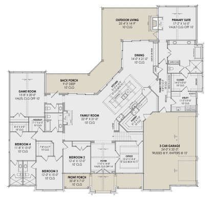 Craftsman Plan: 4,032 Square Feet, 4 Bedrooms, 4.5 Bathrooms - 7983-00065 Craftsman Single Story House Plans, Kitchen With Floor To Ceiling Windows, Floor Plans With Scullery, Floor Plan With Butlers Pantry, 4-5 Bedroom Barndominium Floor Plans, House Plan With Butlers Pantry, Open Floor Plan Kitchen Dining Living, Craftsman Floor Plan, 4 Bedroom House Plans