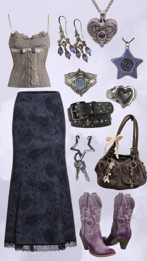 #outfitinspo #vintage #vibes #aestehthic #fairycore #skirt #cowboyboots #purple #ootd #inspo #floral #blue #downtowngirl #downtowngirlaesthetic 00s Fashion Outfit, Purple Ootd, Fairycore Skirt, Fairycore Outfit, Skirt Purple, Earthy Outfits, Fairy Clothes, Ootd Inspo, Purple Outfits