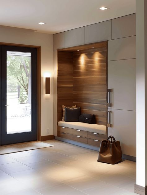 Entryway Inspiration: Contemporary Bench Storage House Entrances Inside, Entryway With Mudroom, Hallways With Storage, Foyer Ideas Entryway Shoe Cabinet, House Design Entryway, Hallway Ideas With Storage, Foyer Storage Bench, Entrance Hall Cupboard Ideas, House Entrance Furniture