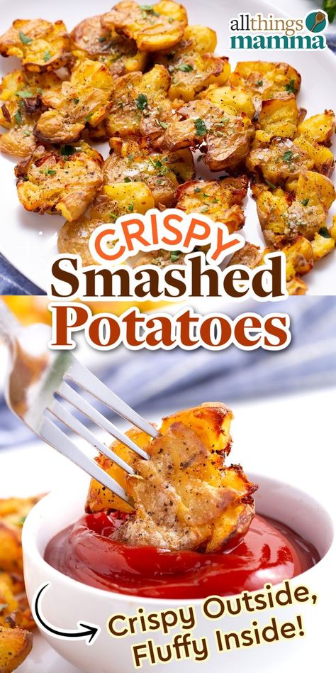 Crispy Smashed Potatoes collage graphic Smashed Potato Skins Recipe, Smashed Potatoes Make Ahead, Smash Potatoes Recipe Easy, Crispy Potato Rounds, Smashed Irish Potatoes, Pan Fried Smashed Potatoes, Teeny Tiny Potatoes Recipes Air Fryer, Smashed Yellow Potatoes Recipes, Breakfast Smashed Potatoes