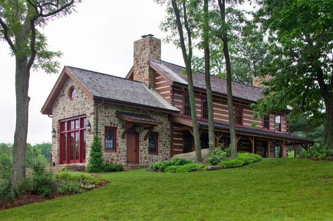 wood and stone Cabin Addition, Log Cabin Exterior, Home In The Woods, Log Home Living, Log Cabin Designs, Rustic Log Cabin, Colonial Exterior, Cabin Exterior, Log House