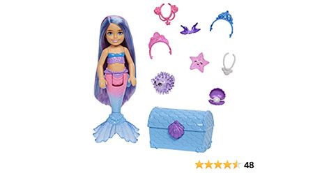 Amazon.com: Barbie Mermaid Power Chelsea Mermaid Doll (Blue & Purple Hair) with 2 Pets, Treasure Chest & Accessories, Toy for 3 Year Olds & Up : Toys & Games Barbie Mermaid Doll, Blue Purple Hair, Barbie Chelsea Doll, Barbie Mermaid, Mermaid Toys, Mermaid Barbie, Chelsea Doll, Stocking Stuffers For Kids, Fantasy Hair