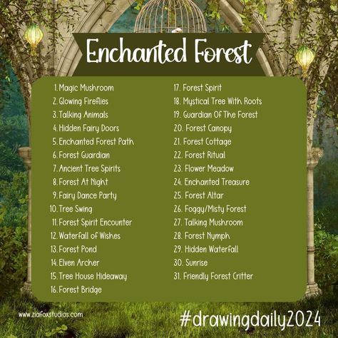 🌿✨ March Drawing Daily challenge is HERE! 🎨 Embark on an artistic journey through the mystical 'Enchanted Forest' 🍄 🌳 Dive into prompts like magic mushrooms, forest guardian, talking animals, and more! 🖌️ Draw daily or choose your favorites! Don't forget to tag @ziafoxstudios and use #drawingdailychallenge2024 to share your enchanting creations with us! ✨ #EnchantedForest #ArtChallenge #DailyDrawing #CreativeJourney #MagicalArt #ArtCommunity #IllustrationInspiration #ArtistOnInstagram #Ar... Forest With Mushrooms Drawing, Animal Drawing Prompts, Fairy Forest Drawing, Magical Forest Drawing, Enchanted Forest Drawing, Forest Art Drawing, Magic Mushroom Drawing, Draw Prompts, Prompt Drawing