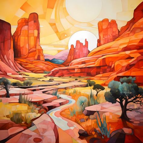 Red Rock Formation - Desert Symphony - NFA Sales Depot Red Rock Painting, Abstract Impressionism, Inspo Art, Desert Environment, Colors And Emotions, Desert Oasis, Desert Painting, Landscape Art Painting, Impressionism Art