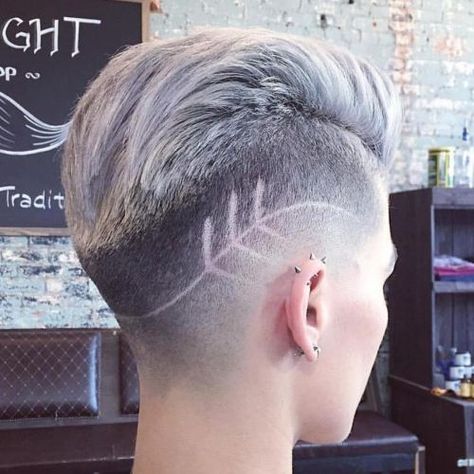 Pompadour Fade For Women Hair Tattoo Designs, Kort Pixie, Pompadour Fade, Undercut Designs, Undercut Hairstyles Women, Shaved Hair Designs, Hair Tattoo, Short Grey Hair, Hair Tattoos