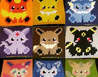 Pokemon Crochet Blanket, Pixel Art Crochet, Pokemon Blanket, Pokemon Crochet, Pokemon Crochet Pattern, Gen 1 Pokemon, Crochet Pokemon, Corner To Corner Crochet, Art Crochet