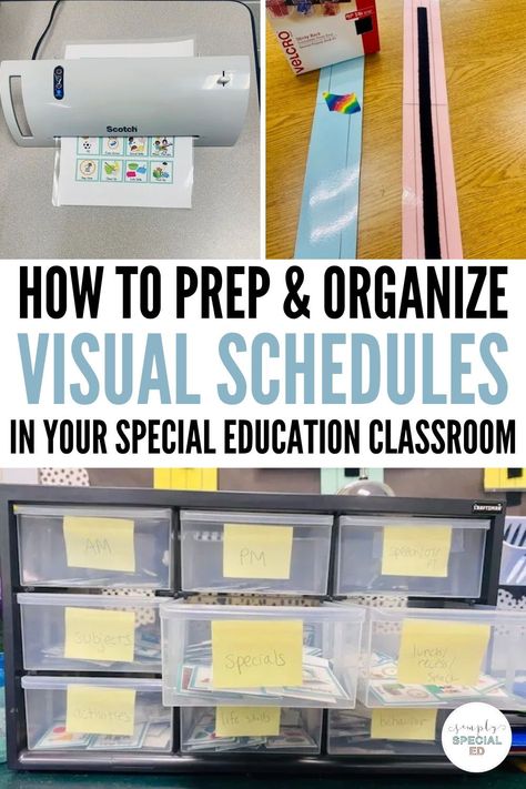 It is important to stay organized with all of my students' needs as a special education teacher. Today, I’m sharing how to prep student schedules in special education. Visual schedules are essential in my special ed classroom. Visual schedules for special education can easily be made with laminated sentence strips and some velcro. Learn more about how to keep your special education classroom organized with these simple steps! Special Education Visuals, Severe Special Education Classroom Ideas, Visual Schedules Special Education, Special Education Visual Schedule, Middle School Classroom Organization, Special Education Classroom Organization, Teaching Executive Functioning Skills, Back To School Ideas For Teachers, School Ideas For Teachers