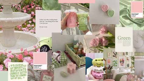 1820x1020 (16x9) aesthetic pc desktop laptop ipad macbook pink pastel pink green matcha light green Aesthetic Pc Desktop, Green Wallpaper Collage, Wallpaper Collage Laptop, Pink Green Wallpaper, Dreams Core Aesthetic, Pink And Green Wallpaper, Pink Wallpaper Laptop, Pink Macbook, Desktop Wallpaper Macbook