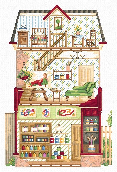 Maria Diaz Designs: Inside the Art Shop Stitch Shop, Cross Stitch Books, House Illustration, Stitch Book, Cross Stitch Charts, Stitch Design, Cross Stitch Designs, Space Art, Art Shop