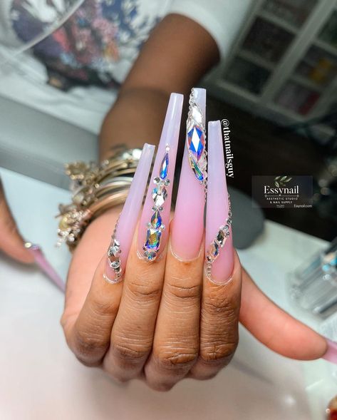 Nails By Andy, Sam & Khloe on Instagram: “✨📸 Products Used: ⚜️ Essy Acrylic Butter Collection - Blush ⚜️ XXXL Crystal Coffin Nail Tips ⚜️ Premium Kolinsky Brush - Size 16 ⚜️ Essy…” Xxxl Nails Acrylic, Xxxl Nails Designs, Xxxl Nails, Xxl Nails, Acrylic Nail Designs Coffin, A I, Coffin Nails Designs, Bling Nails, Nail Games