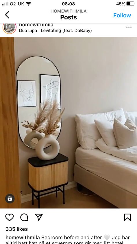 Mirror On One Side Of Bed, Bedside Table Mirror Behind, Mirrors Above Bedside Tables, Mirror Behind Bedside Table, Mirror Above Nightstand Bedside Tables, Bedside Mirror Ideas, Mirrors Behind Bedside Tables, Bedside Mirrors, End Of Hallway Ideas