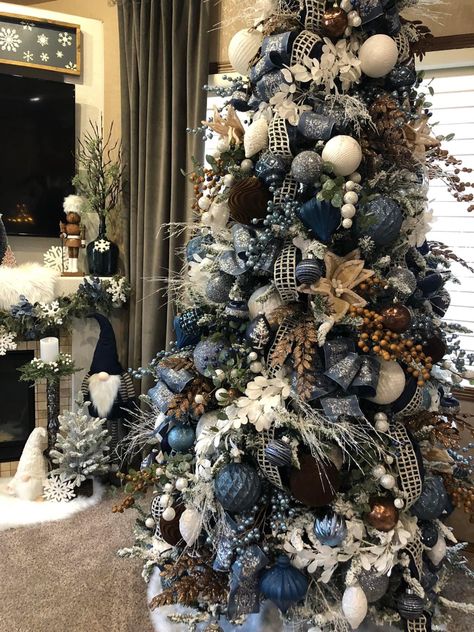 Navy And Mauve Christmas Tree, Navy Themed Christmas Tree, Christmas Tree Decor Blue And Silver, Christmas Tree Brown And Blue, Navy Blue And Burlap Christmas Tree, Navy Copper Christmas Tree, Navy Bronze Christmas Tree, Blue Brown And Gold Christmas Tree, Blue Brown Cream Christmas Tree