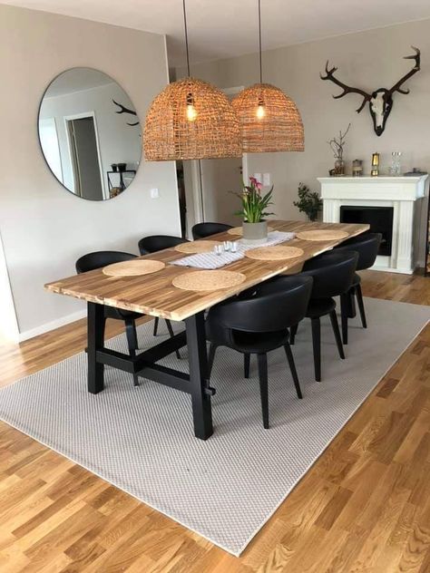 Dining Room Modern Rustic, Western Boho Dining Room, Wood And Black Dining Room, Ikea Skogsta Table, Black And Wood Kitchen Table, Skogsta Dining Table, Skogsta Table, Dining Room Inspiration Modern, Ikea Dining Room