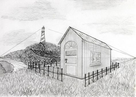 Two Point Perspective Landscape, 2 Point Perspective Exterior, One Point Perspective Exterior, House Perspective Drawing, 2 Point Perspective House, Two Point Perspective Drawing, Exterior Perspective, Perspective Composition, Beach House Pictures