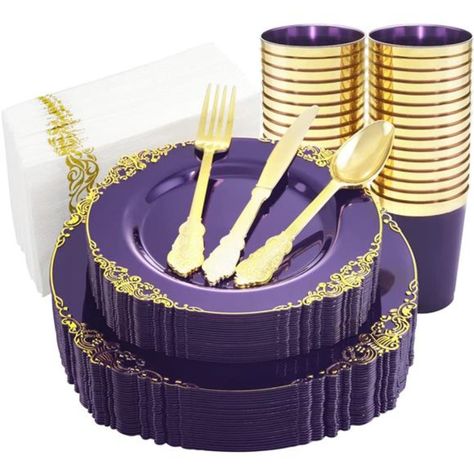 Premium Quality: Purple Plastic Plates Made From 100% Food Grade Plastic, Bpa Free And Non-Toxic, This High Quality Gold Plastic Plates Are Suitable For Various Occasions. These Clear Purple Plastic Plates Are Strong And Reusable. Make Your Meals Healthier By Providing Safe Use Of Cutlery. Elegant Design : Purple Is A Symbol Of Courage , It Is Very Suitable For Use In Celebration Banquet. At The Same Time, Purple Also Gives People A Noble And Romantic Feeling. Using This Purple Party Plates Will Royal Banquet, Black Plastic Plates, Clear Plastic Plates, Gold Plastic Plates, Purple Plates, Purple And Gold Wedding, Plastic Silverware, Plastic Dinnerware, Gold Party Decorations