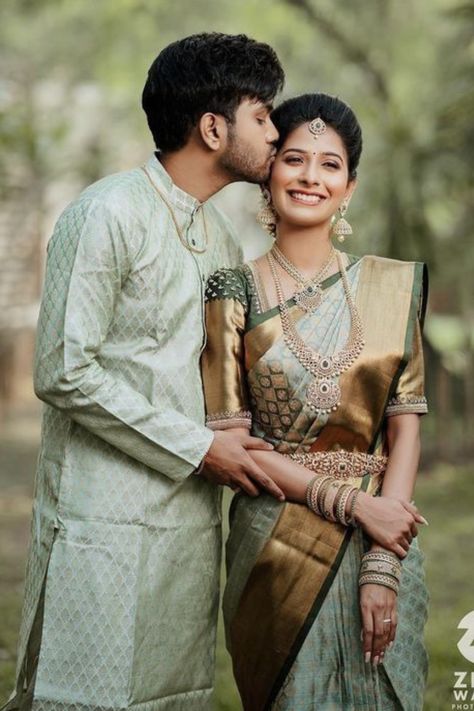 Here are Some BEST Couple Photography Ideas & Poses for South Indian Couples that you MUST need to capture for your wedding functions. #weddingbazaar#indianwedding #coupleweddingphotography #coupleweddingphotographyindian #coupleweddingphotographyposes #coupleweddingphotographyforeheadkisspicture #coupleweddingphotographyromantic #coupleweddingphotographyphotoposes #southindianweddingphotography #southindiancouplephotoshoot #southindiancouplephotoshoottraditional #southindiancouplephotoshootpose Couples Wedding Dress Indian, Engagement Outfit South Indian, Couple Matching Outfits Indian Wedding Saree, Couple Dress Matching Indian Wedding Saree, Bride And Groom Engagement Outfit, Pattu Sarees For Engagement, Bride And Groom South Indian Wedding Outfit, Engagement Outfits Indian Couple Saree, Green Saree For Engagement