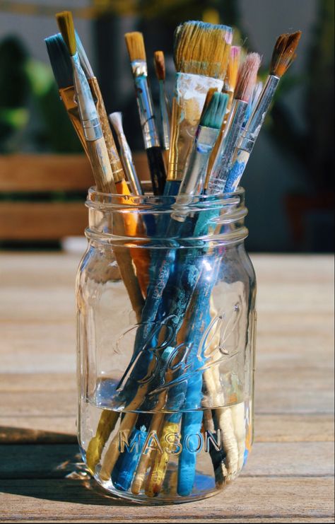 Painting Brush Aesthetic, Paint Tube Aesthetic, Paint Tubes Aesthetic, Paint Bucket Aesthetic, Paint Brushes In Jar, Crayons Photography, Jar Of Paint Brushes, Paint Brushes Photography, French Collage