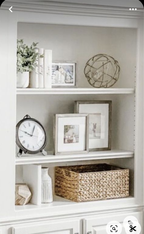 Accessories For Built In Shelves, Farmhouse Bookshelf Decor Ideas, Bookshelve Styling Built Ins, Builtin Bookshelves Fireplace Decor, Living Room Decor Built In Shelves, Fireplace Shelving Decor Ideas, How To Decorate Shelves Farmhouse Style, Styled Living Room Built Ins, Three Shelf Decor