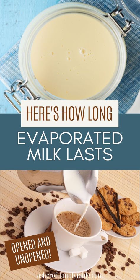 Pinterest graphic with text and image collage of evaporated milk in a clear container and poured into coffee. Evaporated Milk Uses, Homemade Evaporated Milk, Dessert Casseroles, Milk Uses, Evaporated Milk Substitute, Recipes For Soup, Evaporated Milk Recipes, Milk Substitute, Kitchen Help