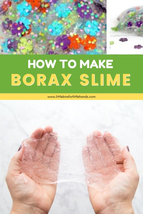 Learn how to make this easy Borax Slime. This borax slime is versatile, you can use white or clear glue. You can mix fun elements and color into this borax slime. A great sensory activity for any age kid! How To Make Clear Slime, Slime With Borax, Calm Sensory Bottles, Borax Slime Recipe, Glitter Slime Recipe, Basic Slime Recipe, Cheap Slime, Cool Slime Recipes, Homemade Slime Recipe