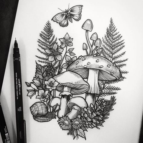 Botanical Tattoo With Mushroom, Mushroom And Floral Drawing, Earthy Tattoo Sleeve Women, Mushroom Field Tattoo, Floral Fill In Tattoo, Tree And Mushroom Tattoo, Original Tattoos Unique Men, Mandala Mushroom Tattoo, Feminine Spiderweb Tattoo