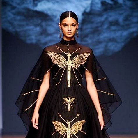 Butterfly Details, Butterfly Fashion, Cape Gown, Black Cape, Gold Butterfly, Dream Dress, Red And Blue, Fashion Show, Cape