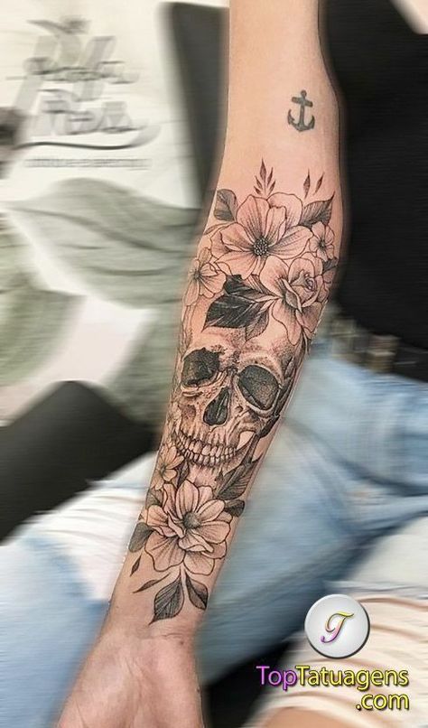 Sick Skull Tattoos, Skull Tattoos With Flowers, Pretty Skull Tattoos For Women, Feminine Skull Tattoos For Women, Flower Skull Tattoo, Skull With Flowers Tattoo, Skull And Flower Tattoo, Skull Thigh Tattoos, Skull Tattoo Flowers