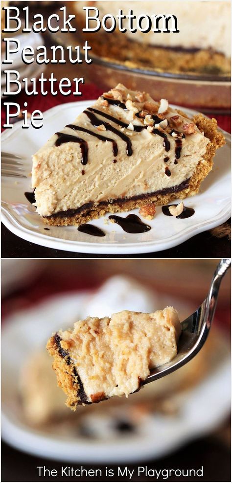 Slice of Black Bottom Peanut Butter Pie Drizzled with Chocolate Syrup Peanut Butter Icebox Pie, Peanut Butter Mousse Filling, Peanut Butter Mouse, Peanut Butter Mousse Pie, Mousse Filling, Honey Roasted Peanuts, Icebox Pie, Graham Cracker Crust Pie, Peanut Butter Mousse