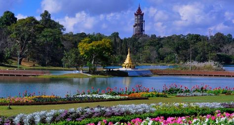 Kandawgyi National Garden at Pyin Oo Lwin Pyin Oo Lwin, Myanmar Travel, Watch Tower, Myanmar, Botanical Gardens, Statue Of Liberty, Beautiful Flowers, Tower, Lake