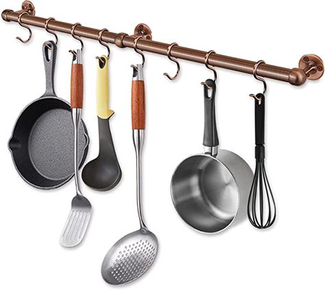 Amazon.com: Rothley Hanging Pot Rack Hanger: 23.7 Inch Stainless Steel Pot and Pan Hanger Pot Rack Wall Mounted Hanging Pots and Pans Rack Pot Hangers for Kitchen Wall Kitchen Rail with Hooks (Antique Copper) : Home & Kitchen Pot Hanger Kitchen, Pot And Pan Hanger, Pots And Pans Rack, Hanging Pots And Pans, Hanging Kitchen Utensils, Pan Hanger, Hanging Pot Rack, Pot Hangers, Utensil Hanger