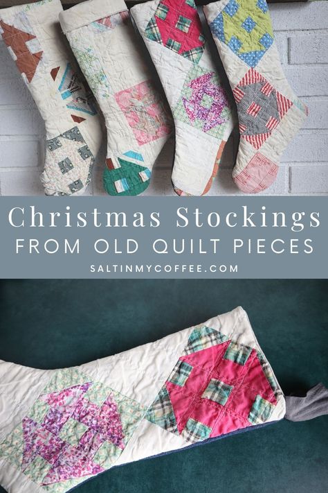 Quilt Christmas Stockings Diy, Quilt Wedding Decorations, Christmas Trees Made From Old Quilts, Christmas Stockings From Old Quilts, Old Quilts Repurposed Sewing Projects, Christmas Ornaments Made From Old Quilts, Christmas Stocking From Old Quilt, Repurposed Vintage Quilts, Diy Quilt Stocking