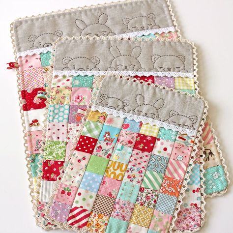 three sleepy time doll quilts by nanaCompany, Q_0231pp Nana Company, Mini Patchwork, Quilted Items, Doll Quilts, Sleepy Time, Miniature Quilts, Doll Bed, Doll Quilt, Sewing Dolls