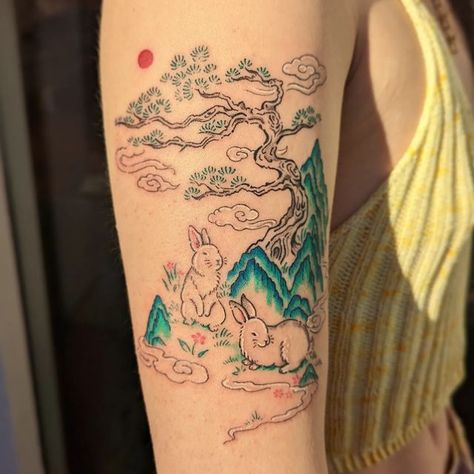 Cute Korean Tattoo, Korean Tattoo Ideas, Korean Tattoo, Korean Tattoos, Bunny Tattoos, Rabbit Tattoos, Blue Tattoo, Painting Tattoo, Sun Tattoo