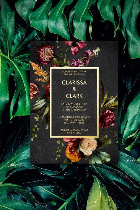 Dark Moody Bold Wild Flower Wedding Foil Invitation October Wedding Themes, Moody Western, Moody Romantic Wedding, Wild Flower Wedding, Bold Wedding Invitations, Boho Wedding Inspiration, Moody Wedding, Minimalist Wedding Invitations, Foil Invitations