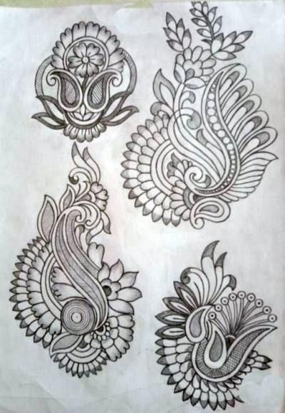 Aari Designs For Tracing, Embroidery Sketches Design, Khaka Designs Embroidery, Embroidery Designs Sketch, Hand Embroidery Motifs, Khaka Designs, Butta Design, Neck Embroidery Designs, Jagua Henna