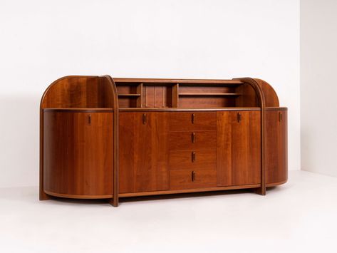 Impressive and Unique Credenza by Giovanni Offredi for Tosi from the 'Antologia Series' from Italy, 1970s. This credenza has an Art Deco style, however is from a later period. The design has round shapes on the edges and beautiful detailed handles. The credenza is also very practical with four doors, multiple shelves and four drawers. The top middle shelve has a tambour door. The credenza is in good condition. The three small vertical shelves are missing behind the tambour door. Vertical Shelves, 1970s Furniture, Tambour Door, Lacquered Sideboard, Credenza Design, Wood Furniture Design, Vintage Credenza, Vintage Chinoiserie, Modern Dining Room Tables