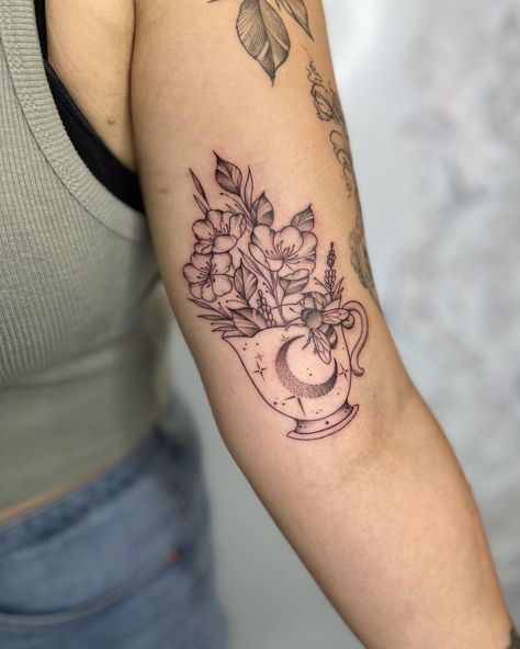 Cute little tea cup for @jemmalucy11_ 🌿 . . . #teacuptattoo #floraltattoo #beetattoo #finelinetattoo #oxford #oxfordtattoo #uktattoo… | Instagram Tea Cup Tattoo Ideas, Teacup Flower Tattoo, Cup Of Ambition Tattoo, Coffee Cup With Flowers Tattoo, 2.5 Inch Tattoo, My Cup Runneth Over Tattoo, Apothecary Tattoo Ideas, Teapot Tattoo Vintage, Tea Cup Tattoos