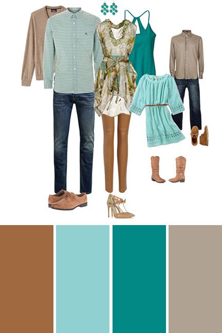 Best Colors for Outdoor Family Pictures | Turquoise and Tan family picture color scheme Family Picture Color Scheme, Picture Color Schemes, Outdoor Family Pictures, Family Pictures What To Wear, Spring Family Pictures, Family Photos What To Wear, Family Portrait Outfits, Summer Family Pictures, Family Photo Colors