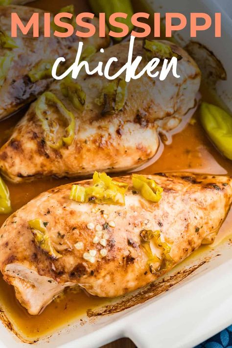 This Baked Mississippi Chicken recipe is low on carbs but BIG on flavor with Au Jus and ranch seasoning mix coating the chicken and pepperoncini topping it all off. Baked Mississippi Chicken, Mississippi Chicken, Mississippi Roast, Au Jus Gravy, Ranch Seasoning Mix, Chicken Bake, 5 Ingredient Recipes, 9x13 Baking Dish, Ranch Seasoning